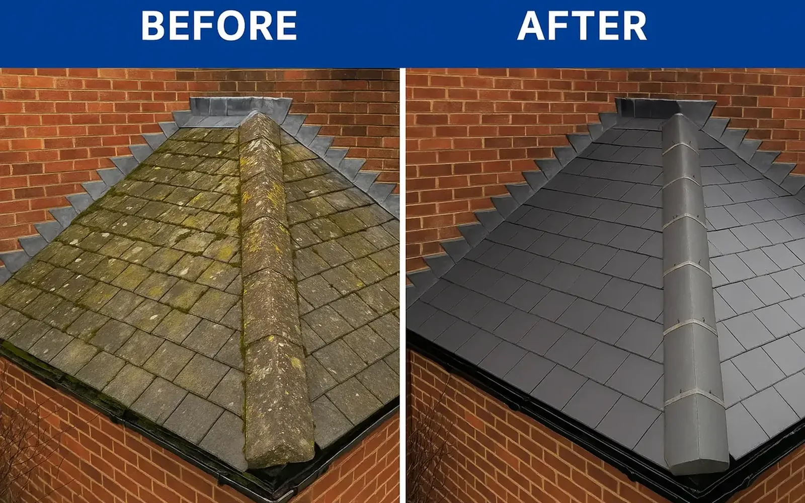 Before and after roof replacement comparison