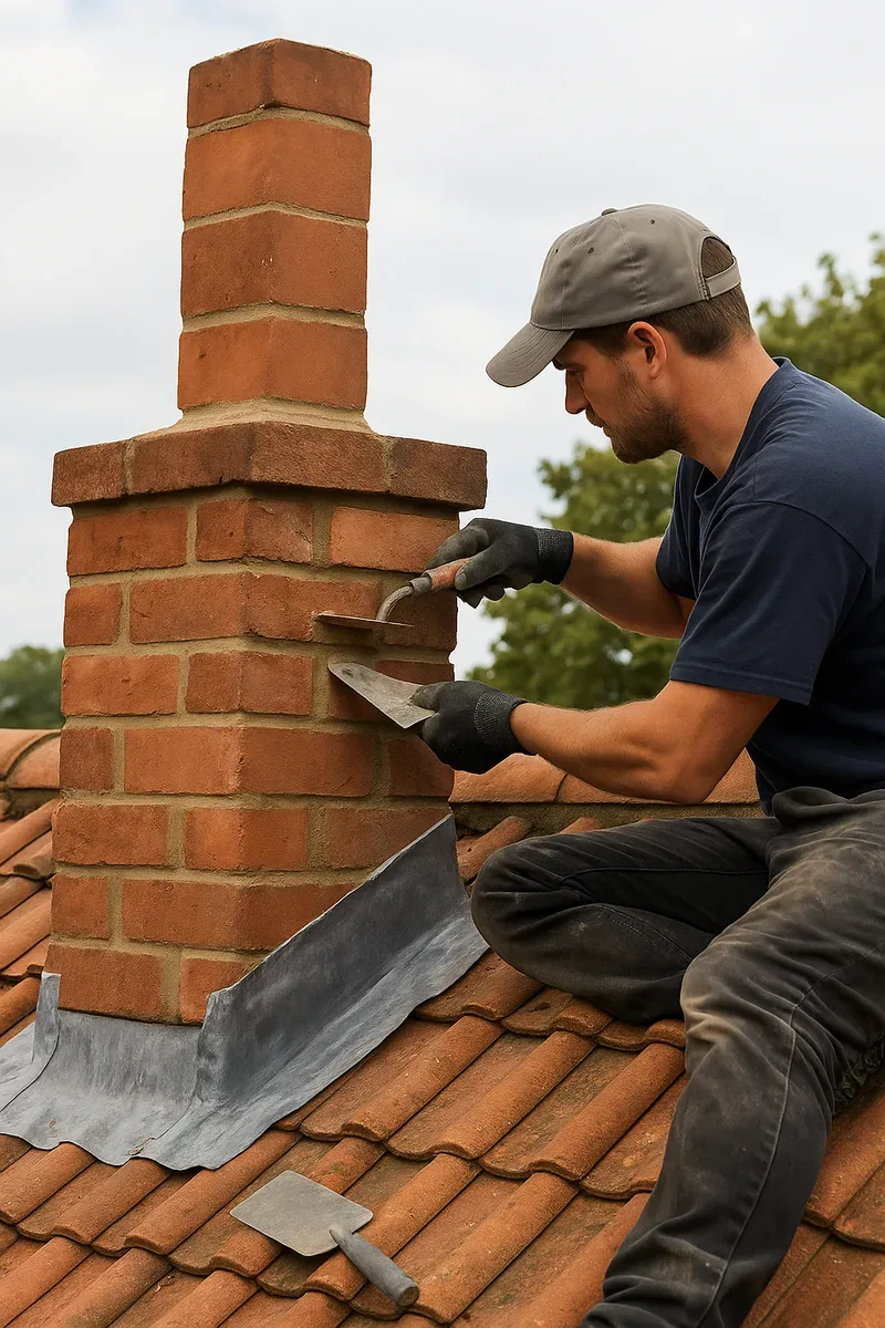 Roofer repointing chimney brickwork with new lead flashing — chimney repair in Surrey