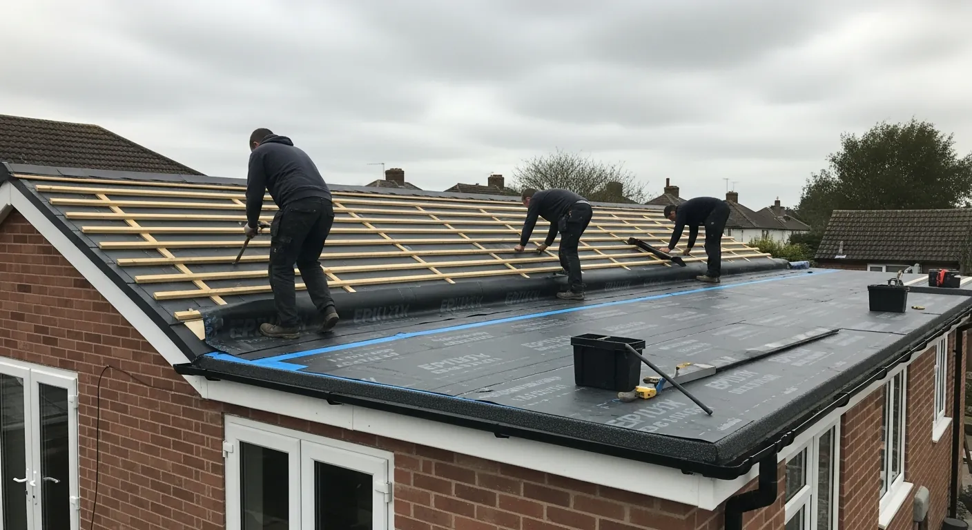 EPDM flat roof replacement in progress on a residential extension in Surrey — Never Felt Better