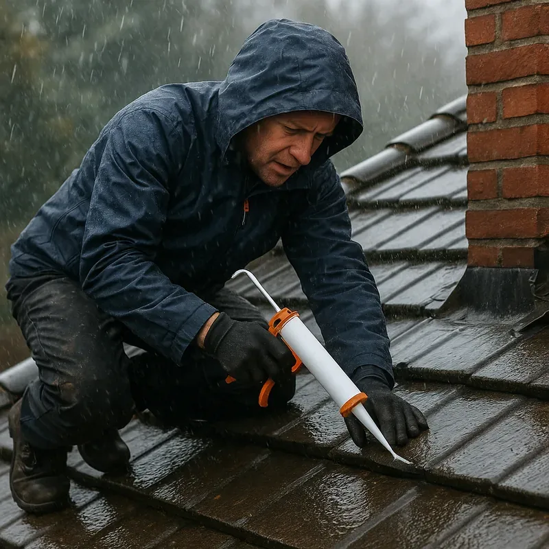 Roofer sealing roof junction in rain — emergency leak repair in Surrey