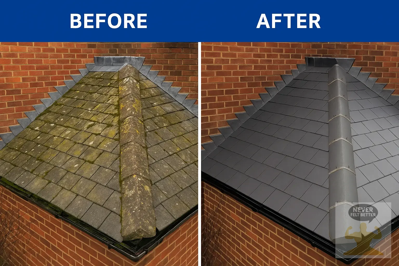 Before and after pitched roof result showing finished roofing work